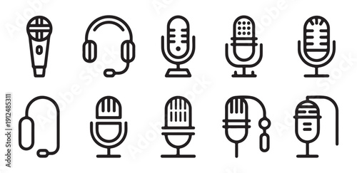 Set of microphone and headphone icons flat design elements for audio recording and podcasting production