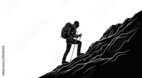 Silhouette of a hiker climbing a steep mountain path.