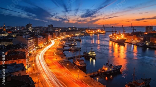 City port at night with long exposure light trails and buildings