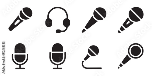 Solid black microphone and headphone icons simple vector illustrations for sound equipment and communication devices