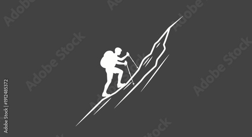 Silhouette of a hiker climbing a steep mountain path with trekking poles.