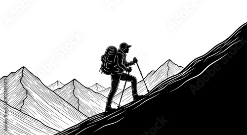 Silhouette of a hiker climbing a steep mountain with trekking poles.