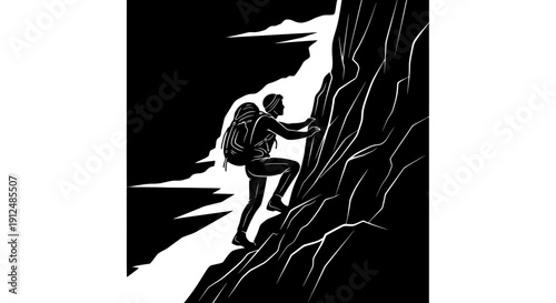Silhouette of a hiker climbing a steep rocky mountain face.