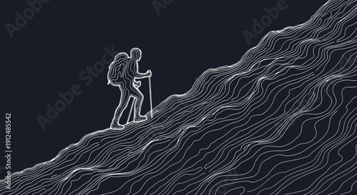 Silhouette of a hiker climbing a stylized mountain terrain.