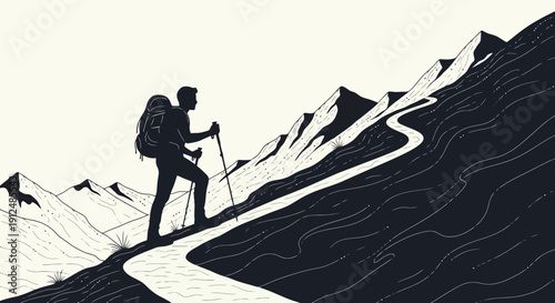 Silhouette of a hiker climbing a winding mountain path with trekking poles.