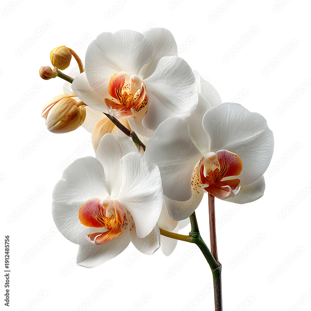 Obraz premium Delicate white phalaenopsis orchid flowers and buds with vibrant orange and pink centers against a