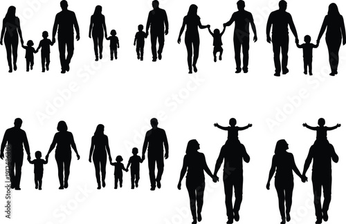 Diverse family silhouettes walking together, holding hands, happy.