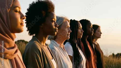 Woman leaders empowerment feminism unity focus profile portrait diverse female group in serene outdoor sunset line symbol of strength and equality