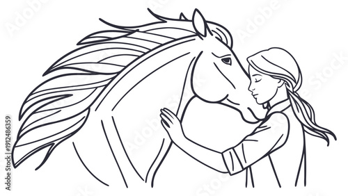 Line of a woman embracing a horse with flowing mane and closed eyes