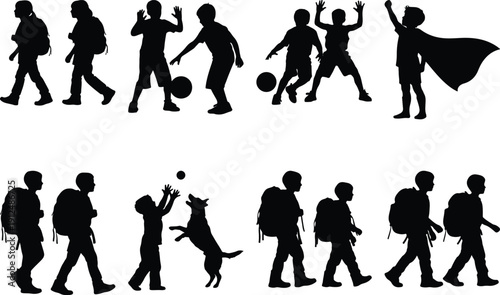 Boys with backpacks, playing soccer, and interacting with a dog.