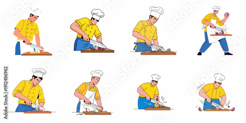 Set of illustrations featuring professional chefs in uniform and toque, slicing onions and vegetables on a cutting board, demonstrating food preparation techniques.