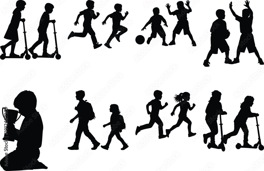 Obraz premium Children silhouettes running, scootering, playing, and celebrating