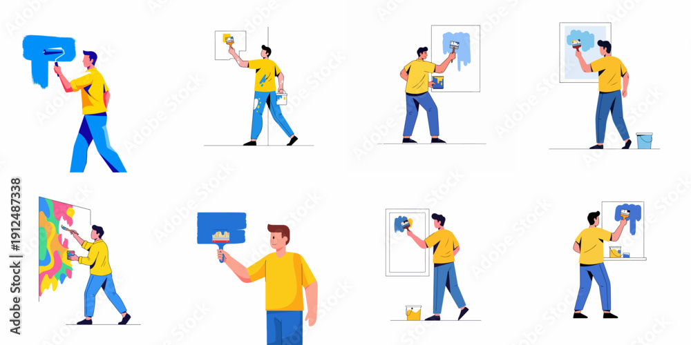 Fototapeta premium Set of vector illustrations featuring men painting walls and canvases using brushes and rollers, symbolizing renovation, creativity, and home improvement.