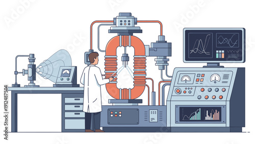 Illustration of a scientist working with a large piece of laboratory equipment with various monitors and controls in a scientific setting.