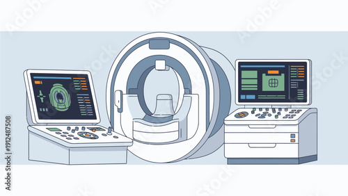 Medical imaging equipment with MRI machine and control panels in a clinical setting with a calm and professional mood.