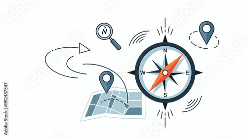 Illustration of a compass with a map and location pins, symbolizing navigation and direction with a minimalist design on a white background.