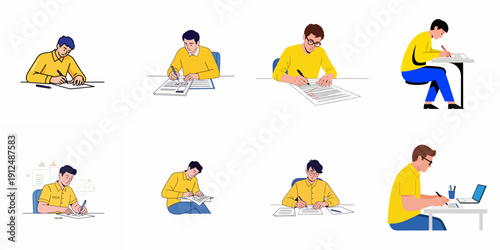 Vector illustration set of young men sitting at desks, writing, studying, completing tasks, signing documents, or taking exams.