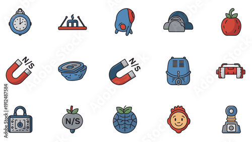 Flat lay of various colorful icons including objects and symbols on a white background with a clean and minimalist composition.