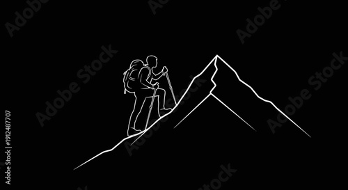 Silhouette of a hiker reaching the summit of a mountain.