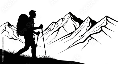 Silhouette of a hiker with a backpack and trekking poles walking on a mountain trail.