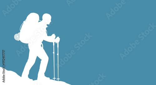 Silhouette of a hiker with a large backpack and trekking poles.