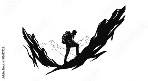 Silhouette of a hiker with a backpack climbing a rocky mountain path.