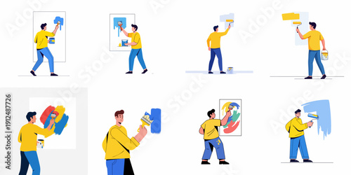 Man painting wall and canvas set. DIY, home improvement, renovation, and art creation flat vector illustrations using paint rollers and brushes.