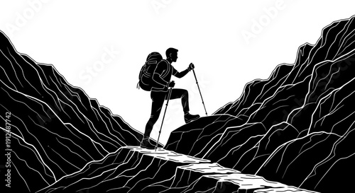Silhouette of a hiker with backpack and poles on a mountain path.