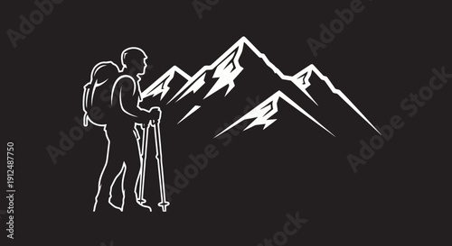 Silhouette of a hiker with backpack and poles in front of majestic mountains.
