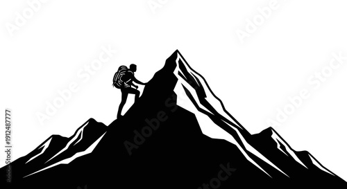 Silhouette of a lone hiker climbing a steep mountain peak.