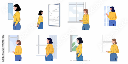 Collection of vector illustrations showing diverse women standing by windows, looking outside, contemplating, and enjoying natural views.