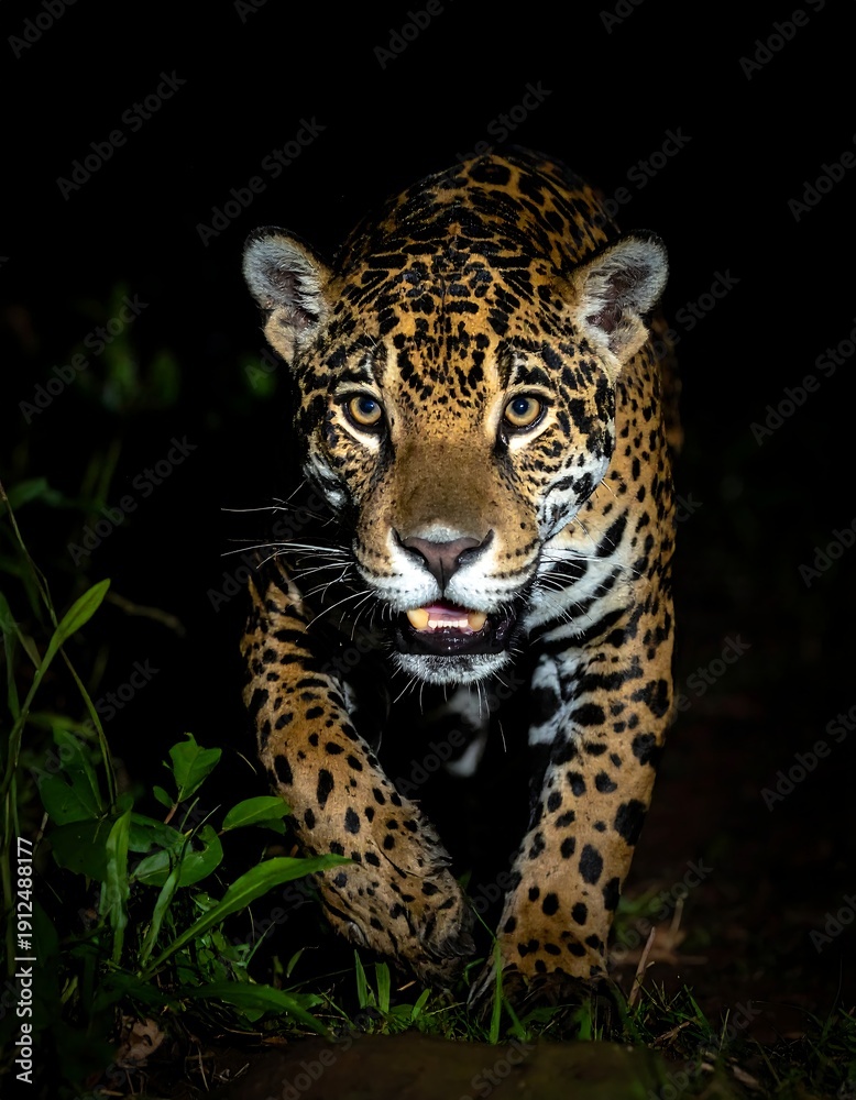 Fototapeta premium A large cat with distinctive markings crouches low in the grass