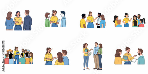Set of vector illustrations depicting business professionals communicating, networking, and consulting, representing teamwork and customer service interactions.
