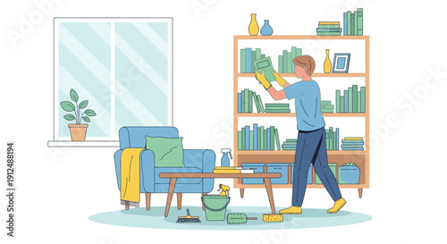 Man Organizing Bookshelf in Living Room.