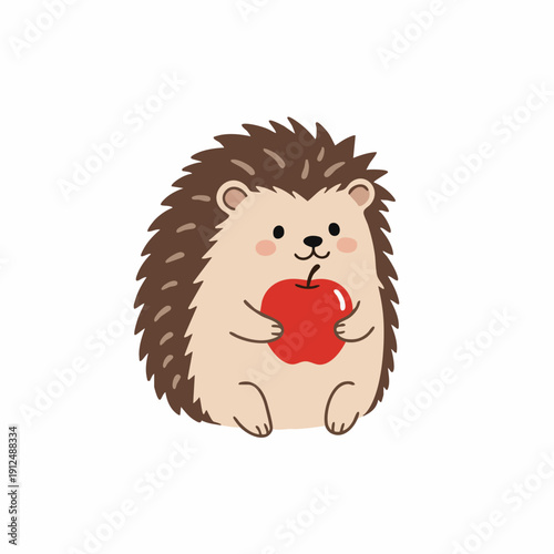 Cute Cartoon Hedgehog Holding Red Apple Fruit Illustration Design