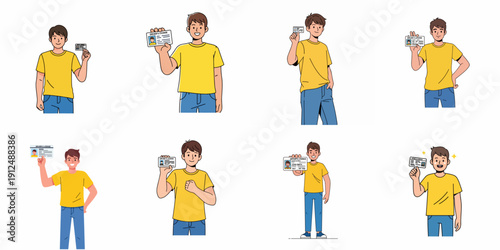 Set of diverse cartoon illustrations showing a young man proudly holding up his driver's license or identification card, demonstrating identity verification.