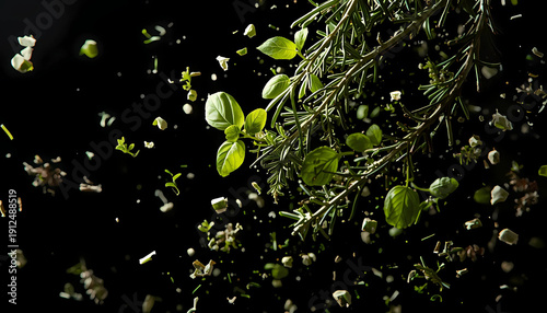 A bunch of fresh herbs flying through the air against a black background