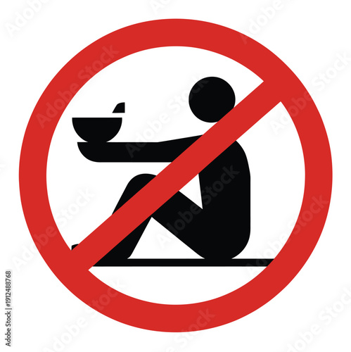 No Beggar Sign icon, vector flat illustration of prohibition sign restricting begging, isolated on white background, perfect for civic signage, public awareness, apps, websites, and digital interface 