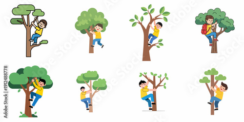 Happy boys climbing trees collection. Cute vector cartoon illustrations showing kids playing outside and enjoying outdoor childhood activities.
