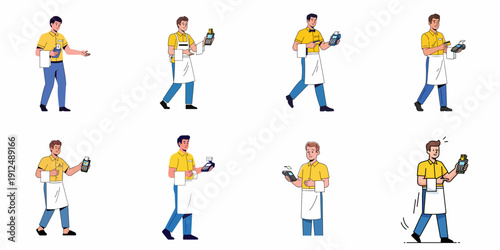 Waiter or restaurant employee payment vector set showing various poses with POS terminal and credit card for digital transactions and service.