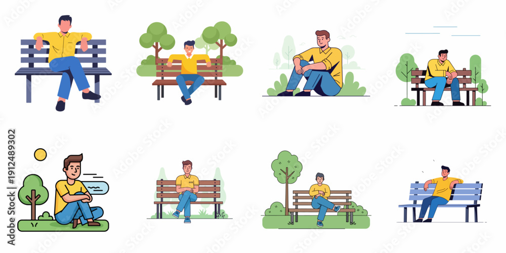 Naklejka premium Set of illustrations featuring a man enjoying leisure time and relaxation in a park, sitting on a bench or grass in various vector styles.