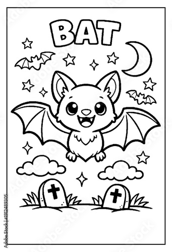 Adorable little cartoon bat flying merrily above two spooky graveyard crosses in this fun children's coloring sheet.