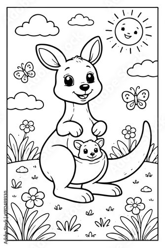 Whimsical line art depicts a smiling mother kangaroo carrying her baby joey safely inside her pouch outdoors.