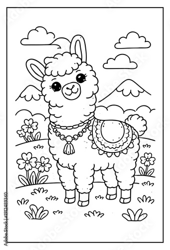 Adorable black and white line art coloring page featuring a happy llama decorated with jewelry amidst flowers and mountains.