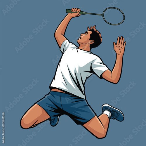 Male Badminton Player Leaping for Overhead Smash, High-Energy Athletic Action Sports Vector Illustration in White Jersey and Blue Shorts