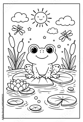 A cute, smiling frog sits on a large lily pad in a pond, surrounded by water lilies, cattails, dragonflies, and a cheerful sun.
