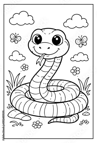 A cute, smiling cartoon snake coiled in a sunny garden with clouds, butterflies, and flowers.