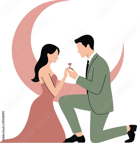 Fotografía Man Proposing to Woman with Engagement Ring Under Crescent Moon, Romantic Marria