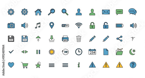 Collection of modern flat design icons for web and mobile applications.
