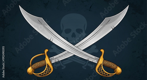 Two Crossed Pirate Swords with Skull Symbol Background.